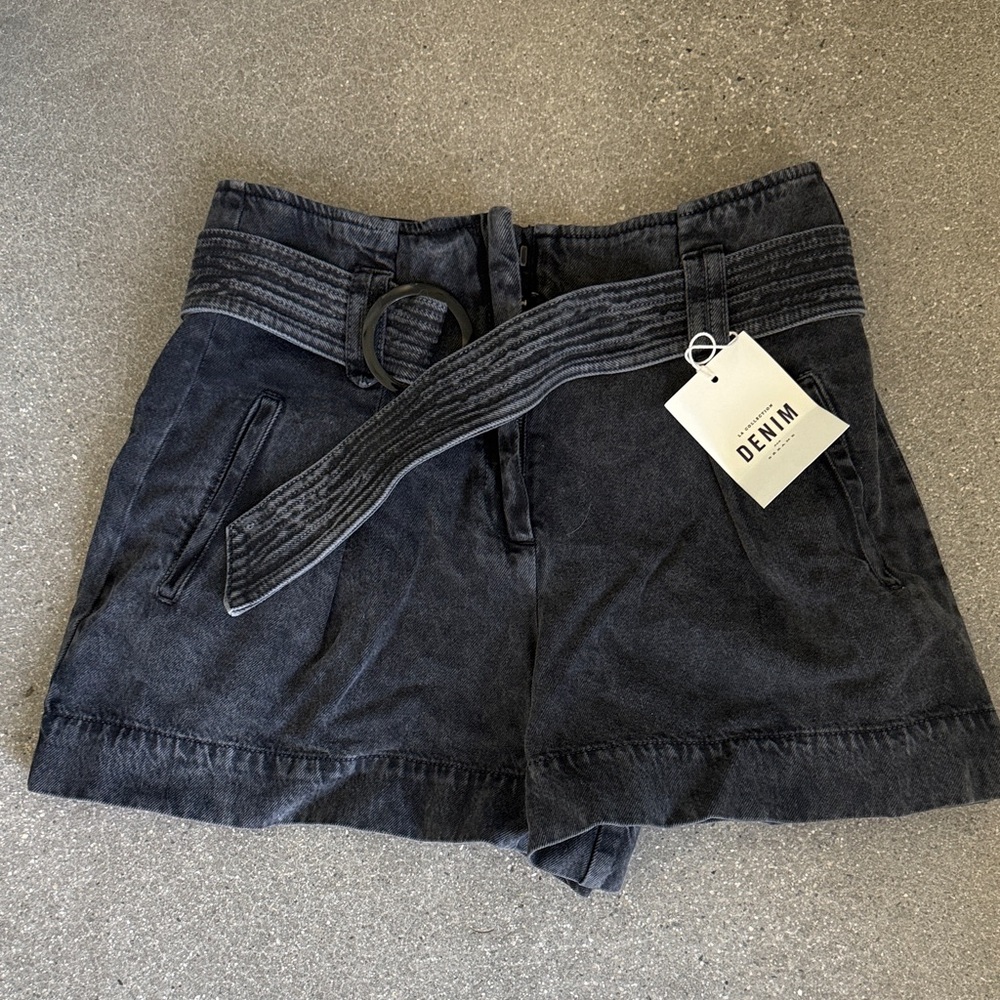 Sezane Black High-Waist Belted Denim Shorts NWT